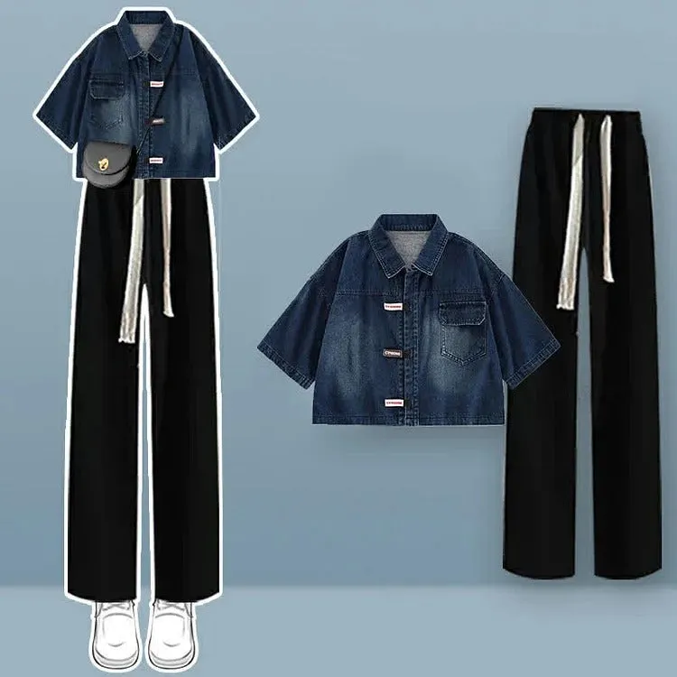 Chic Lapel Short Denim Shirt Drawstring Pants Two Piece Set