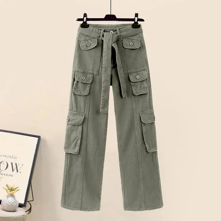 Chic Letter Print Lace Up Crop Top T-Shirt Cargo Pants Two Piece Set