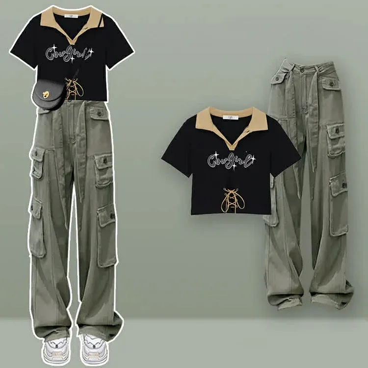 Chic Letter Print Lace Up Crop Top T-Shirt Cargo Pants Two Piece Set
