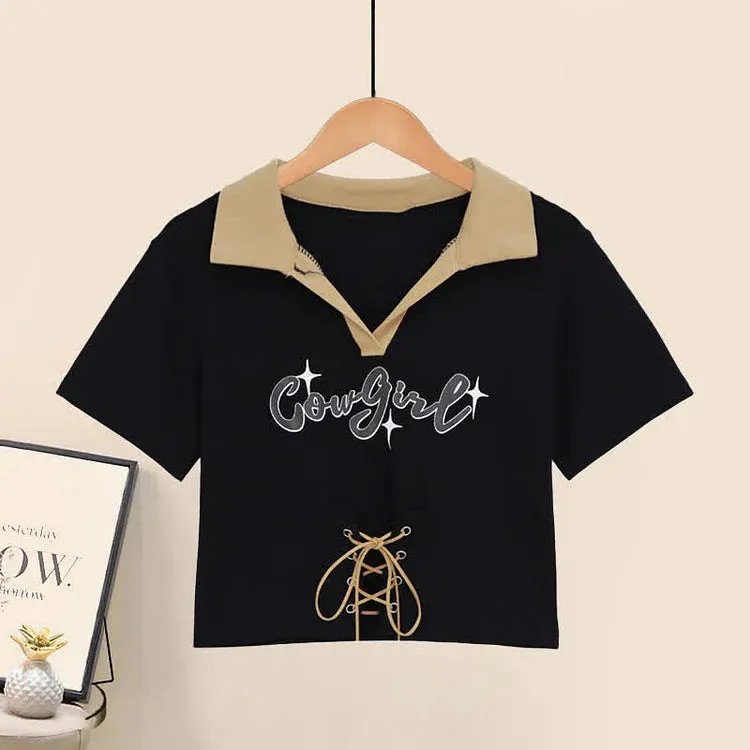 Chic Letter Print Lace Up Crop Top T-Shirt Cargo Pants Two Piece Set
