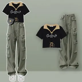 Chic Letter Print Lace Up Crop Top T-Shirt Cargo Pants Two Piece Set
