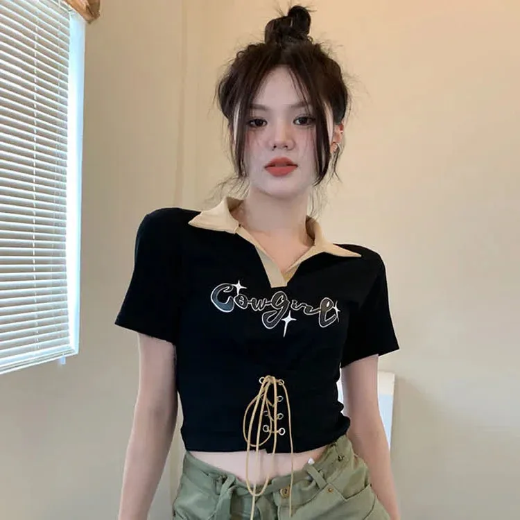 Chic Letter Print Lace Up Crop Top T-Shirt Cargo Pants Two Piece Set