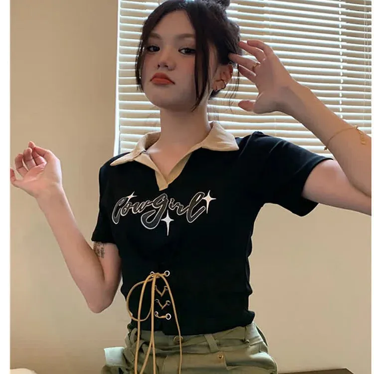 Chic Letter Print Lace Up Crop Top T-Shirt Cargo Pants Two Piece Set