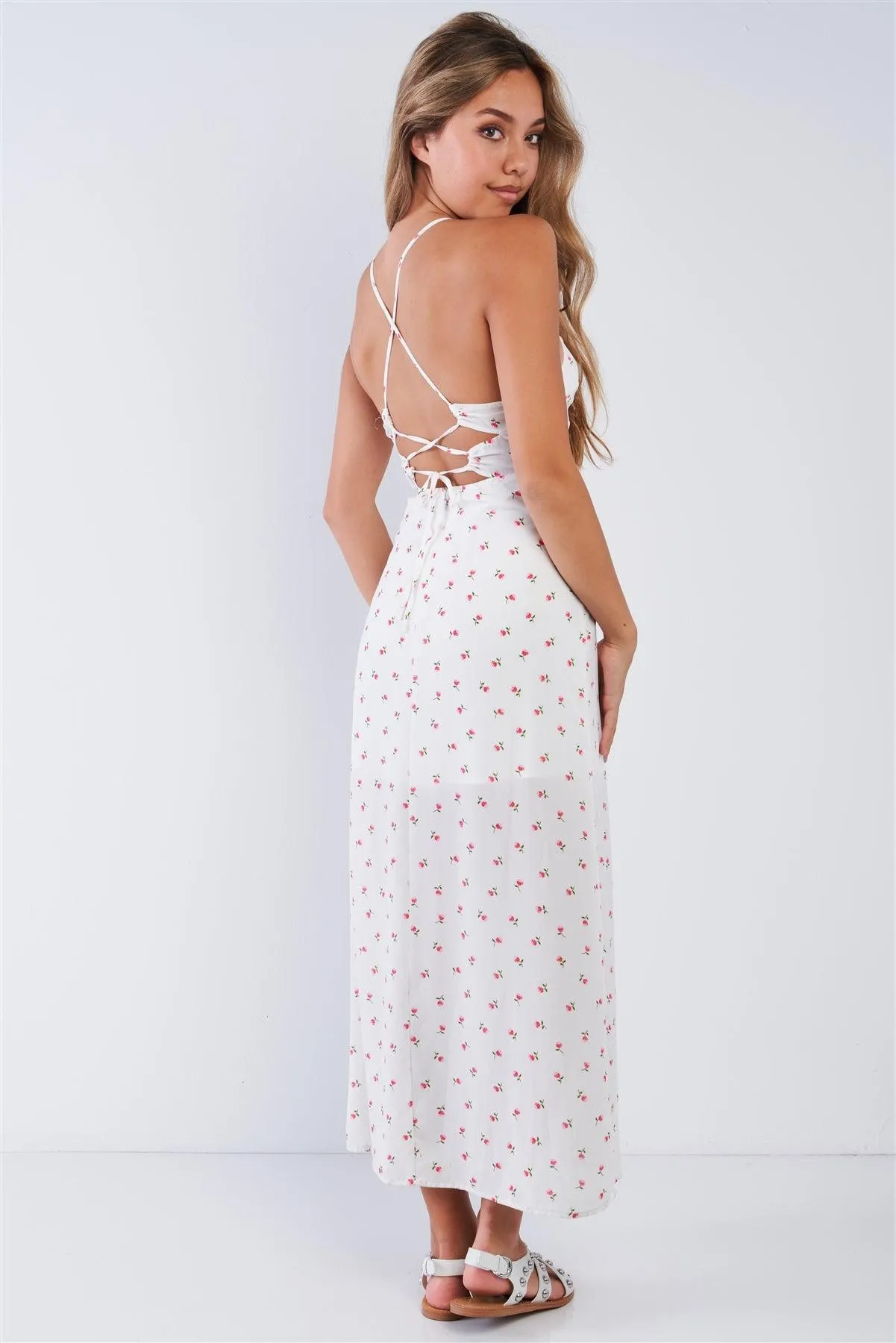Chiffon Rose Print Cami Strapped Self Tie Maxi Dress