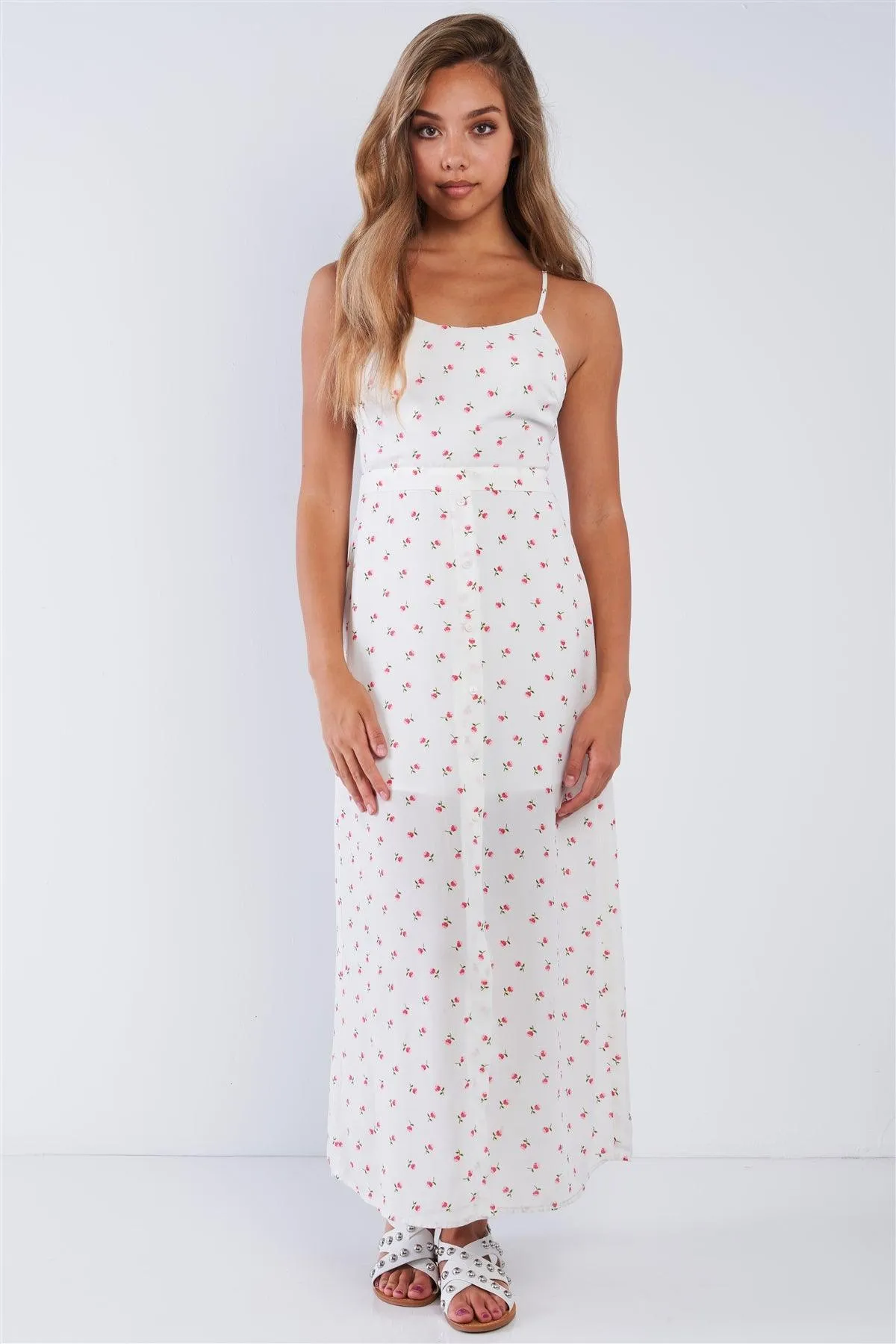 Chiffon Rose Print Cami Strapped Self Tie Maxi Dress