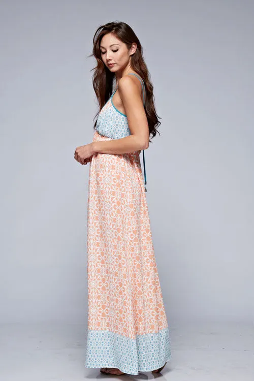 Colorblock Floral Design Sleeveless Maxi Dress