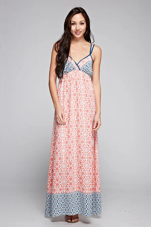 Colorblock Floral Design Sleeveless Maxi Dress