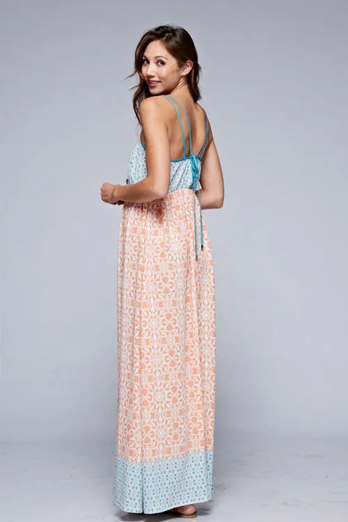 Colorblock Floral Design Sleeveless Maxi Dress