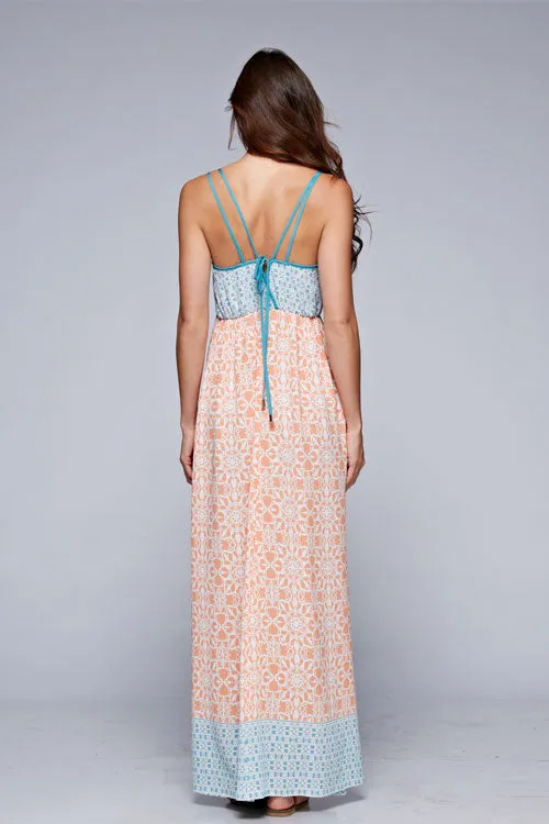 Colorblock Floral Design Sleeveless Maxi Dress