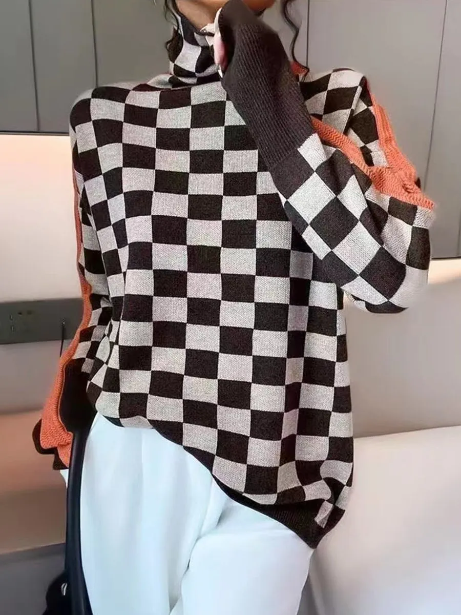 Colorblock Turtleneck Knit Sweater in Check Design