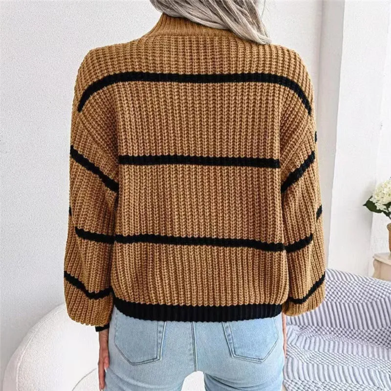 Contrast Color Striped Sweater New Half Turtleneck Pullover Top