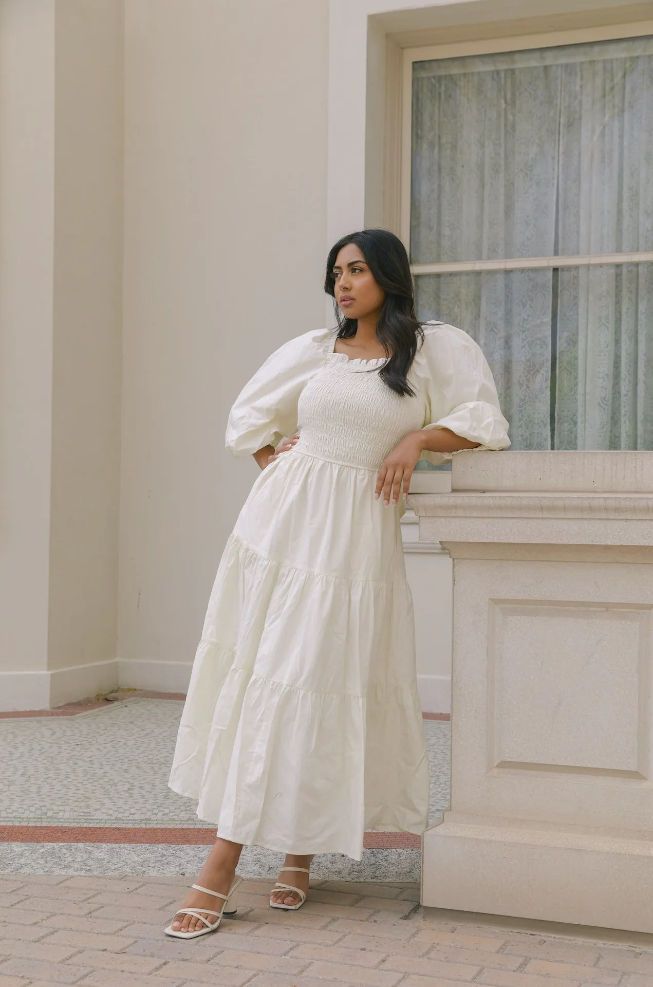 Cream Puff Sleeve Back Tie Dress