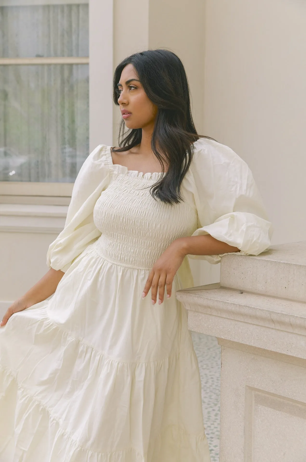 Cream Puff Sleeve Back Tie Dress