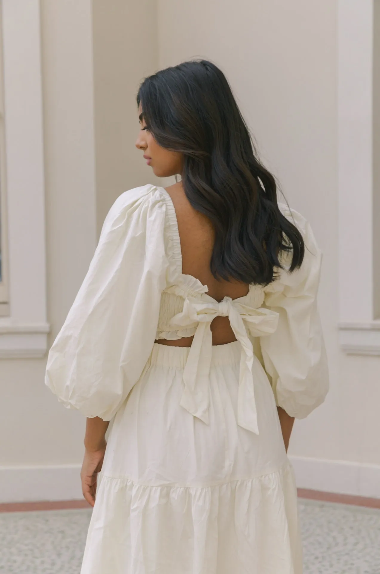 Cream Puff Sleeve Back Tie Dress