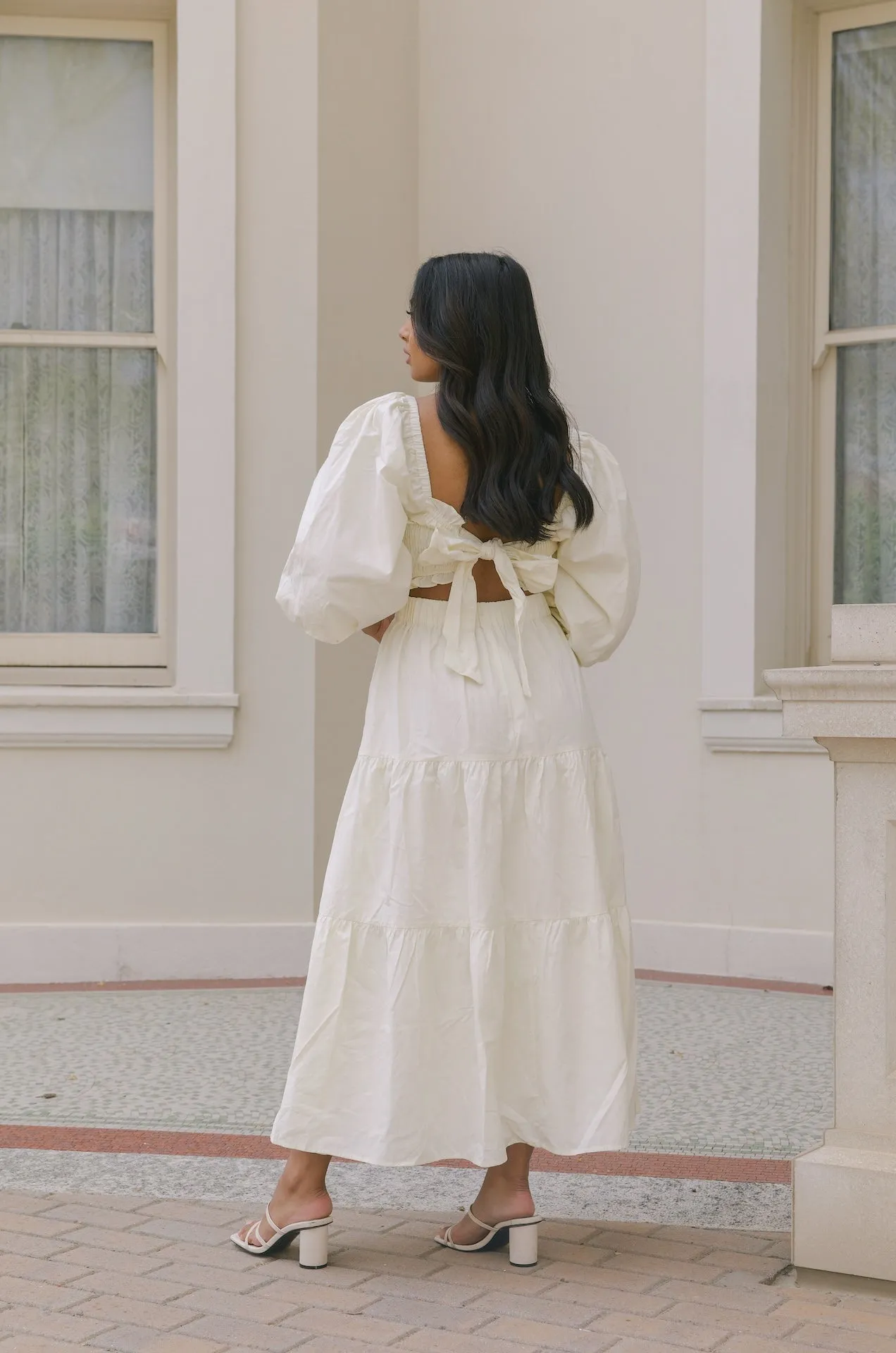 Cream Puff Sleeve Back Tie Dress