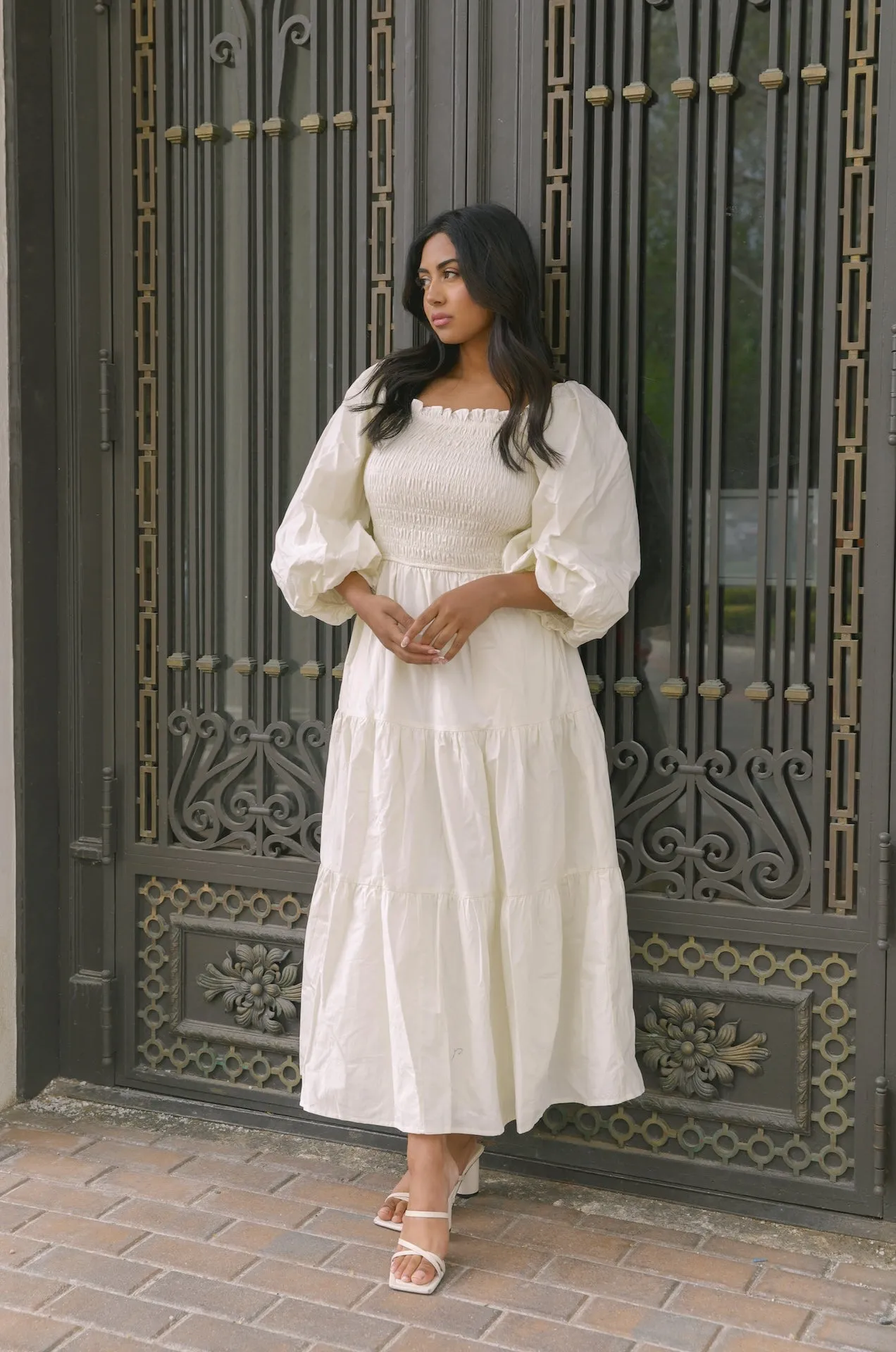 Cream Puff Sleeve Back Tie Dress