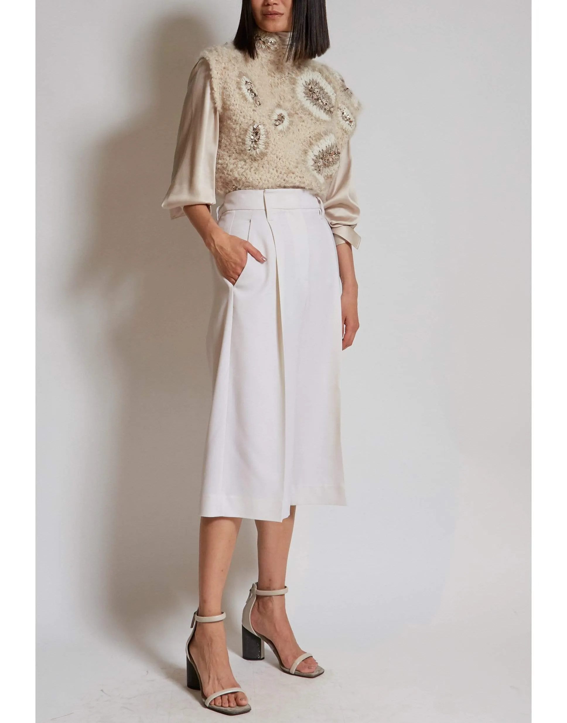Cream Satin Long Sleeve Wrap Neck Top