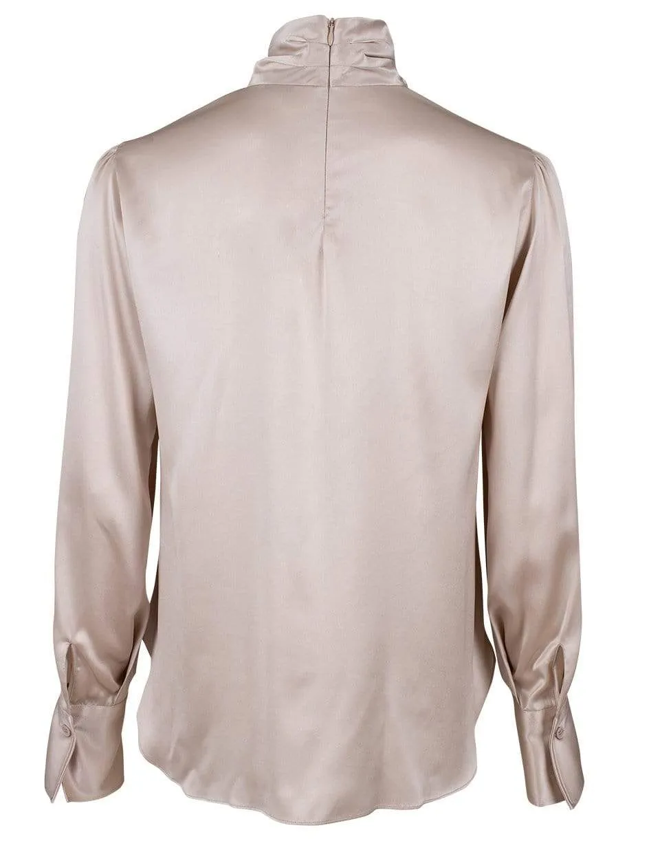 Cream Satin Long Sleeve Wrap Neck Top