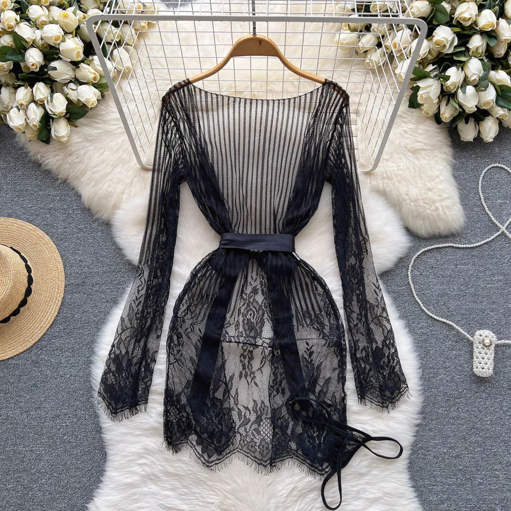 Crochet Black Lace Nightgown Dress