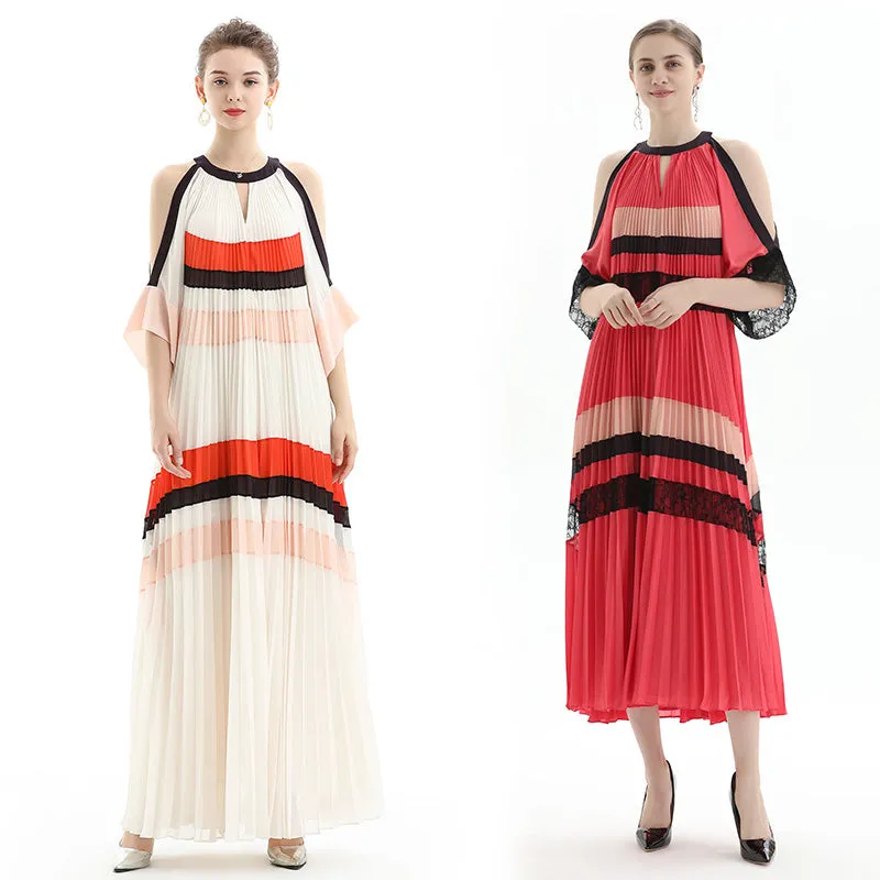 D074 Women color block cut out shoulder three-quarter sleeves pleated maxi evening dress
