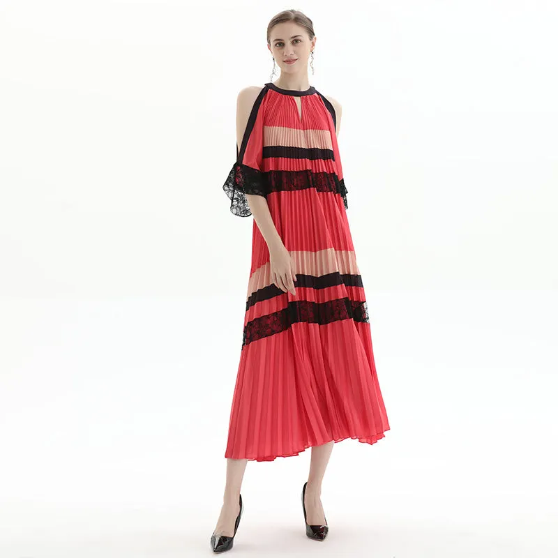 D074 Women color block cut out shoulder three-quarter sleeves pleated maxi evening dress