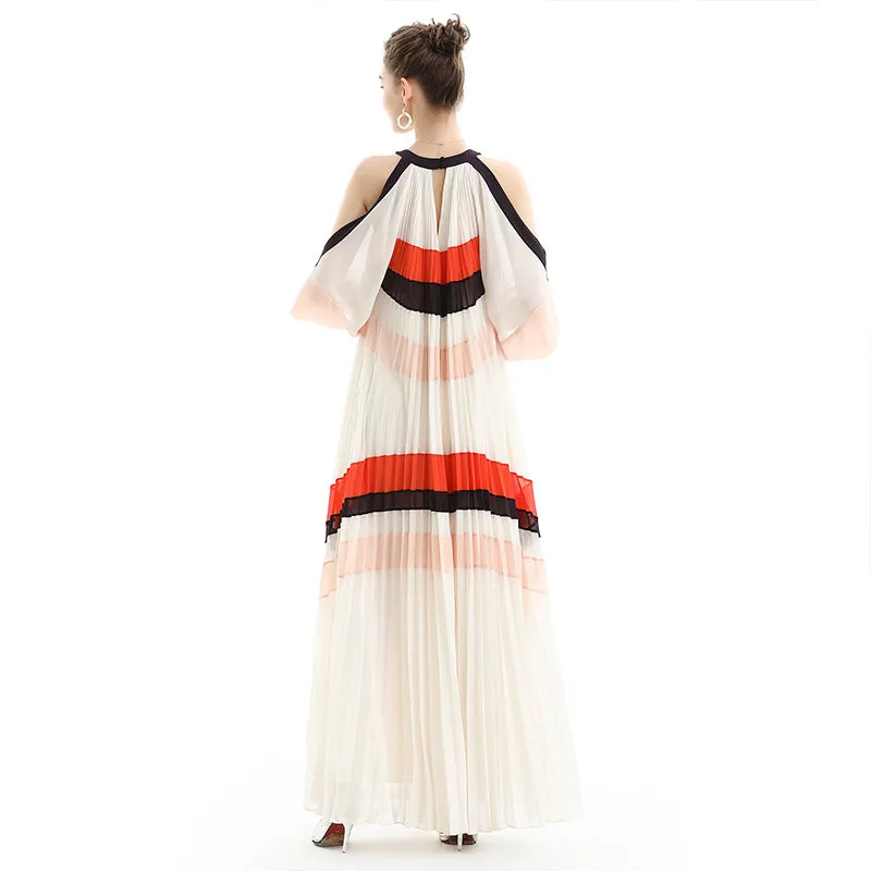 D074 Women color block cut out shoulder three-quarter sleeves pleated maxi evening dress