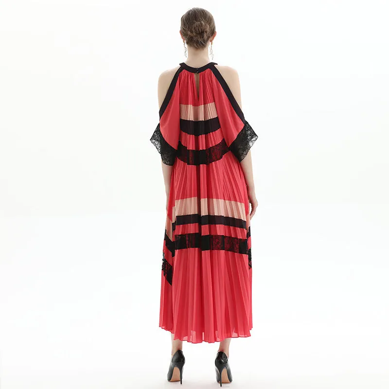 D074 Women color block cut out shoulder three-quarter sleeves pleated maxi evening dress