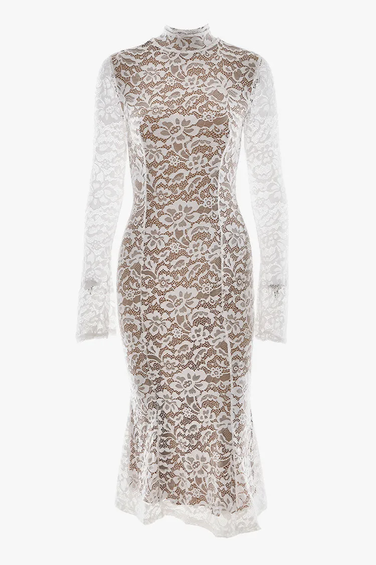 Elegant High Neck Long Sleeve Lace Fishtail Cocktail Party Midi Dress