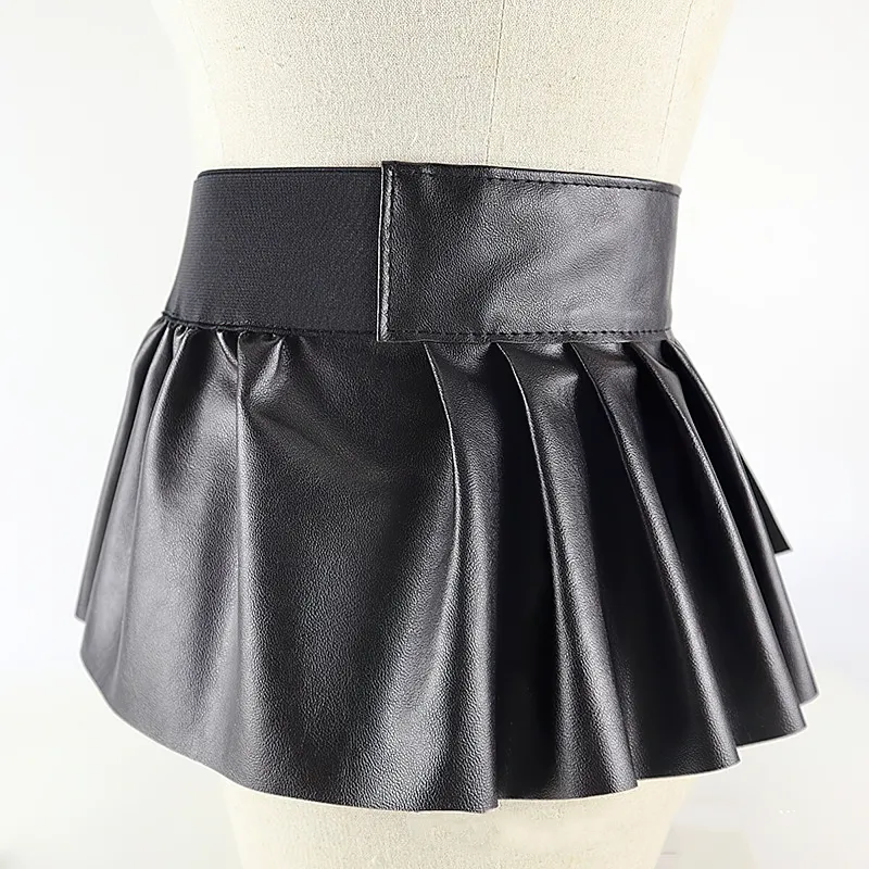 Fashion Female Pleated Skirt / Women PU Leather Elastic Stretch Pleated Skirt with Belt