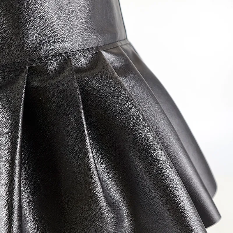 Fashion Female Pleated Skirt / Women PU Leather Elastic Stretch Pleated Skirt with Belt