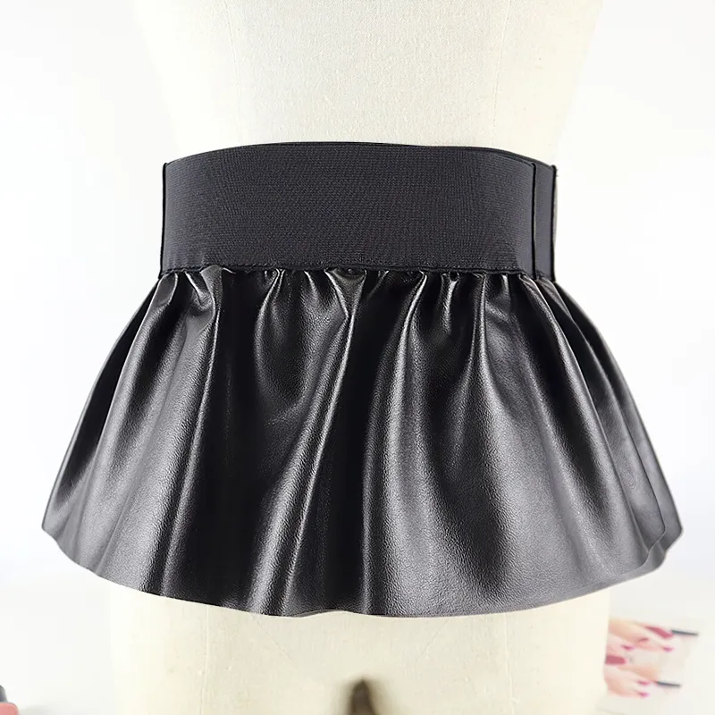 Fashion Female Pleated Skirt / Women PU Leather Elastic Stretch Pleated Skirt with Belt