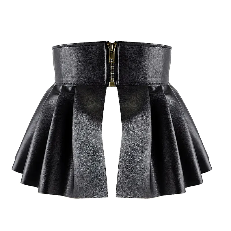 Fashion Female Pleated Skirt / Women PU Leather Elastic Stretch Pleated Skirt with Belt