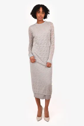 Fendi Silver Metallic FF Zucca Knit Midi Dress Size 42