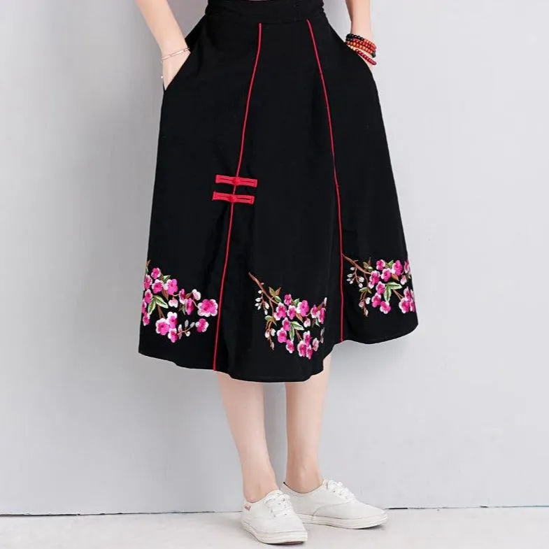 Floral Embroidery Tea Length Traditional Chinese Style Expansion Skirt