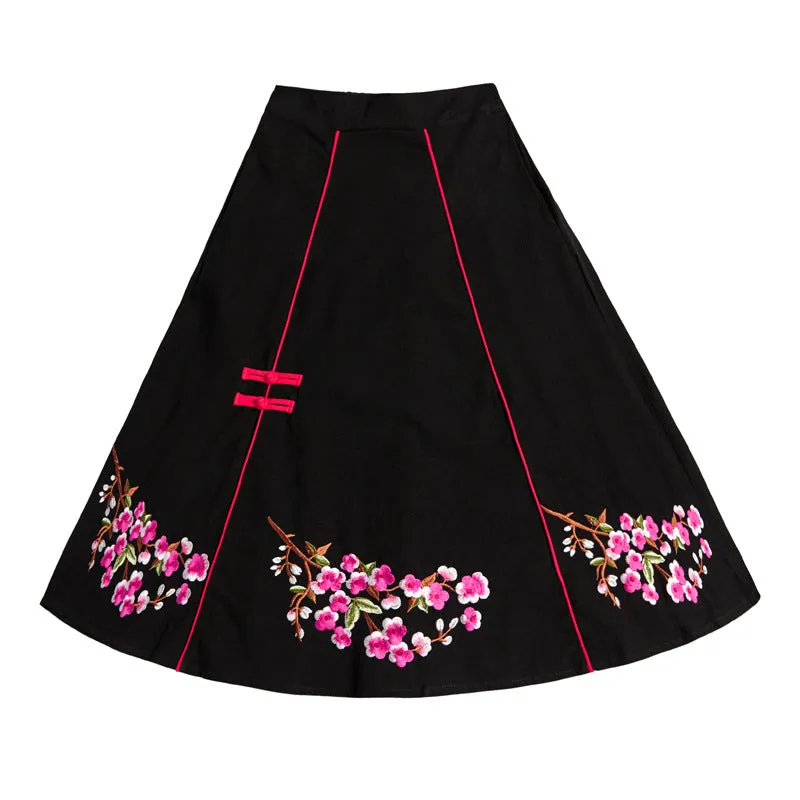 Floral Embroidery Tea Length Traditional Chinese Style Expansion Skirt