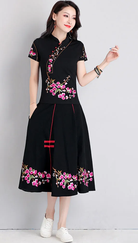 Floral Embroidery Tea Length Traditional Chinese Style Expansion Skirt