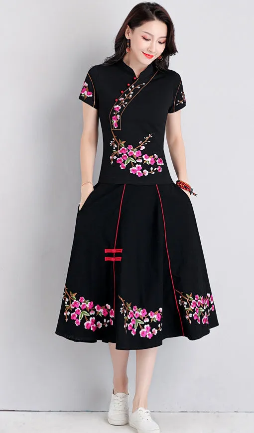 Floral Embroidery Tea Length Traditional Chinese Style Expansion Skirt