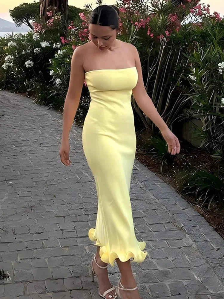 Frill Trim Tube Midi Dress