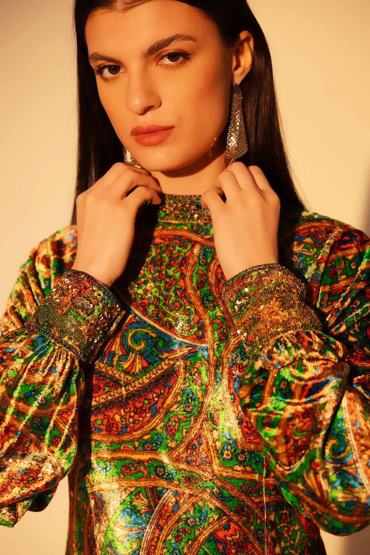 Green Hand Embellished Tunic Set