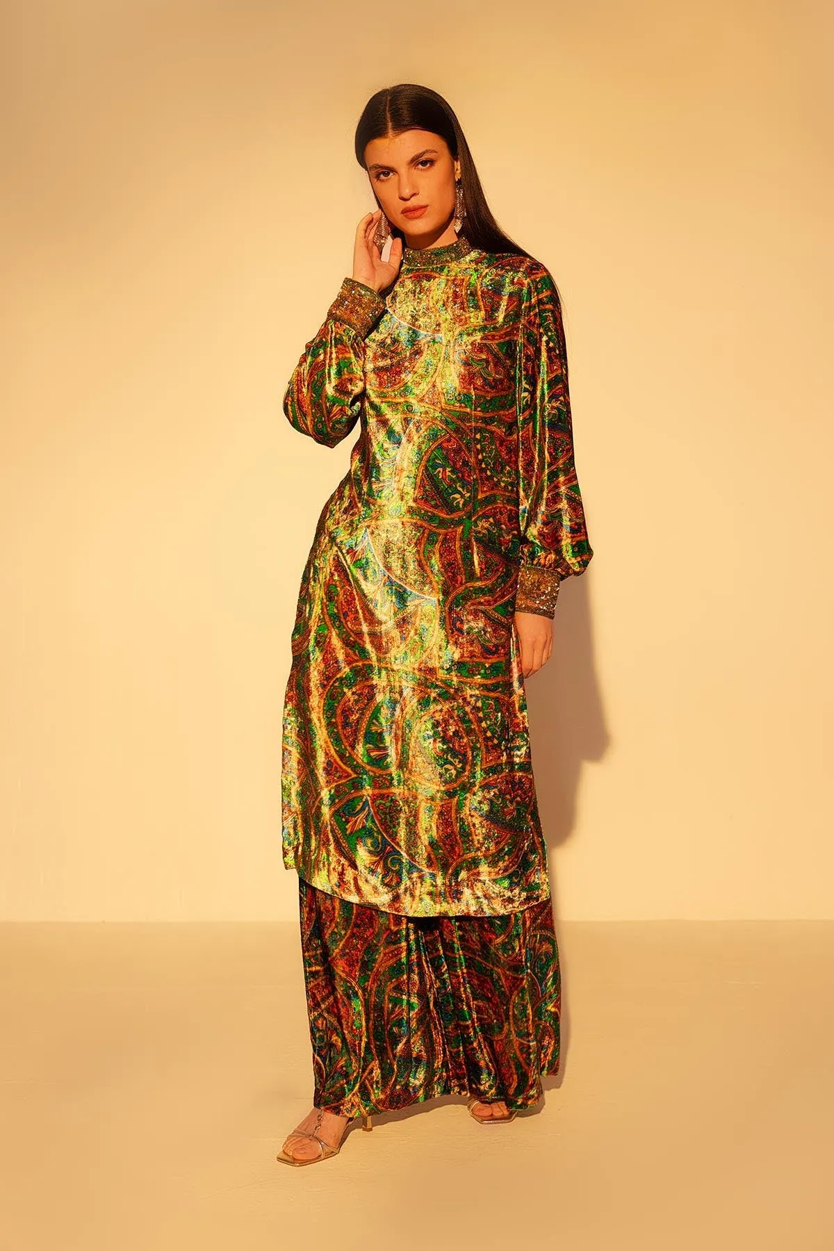 Green Hand Embellished Tunic Set