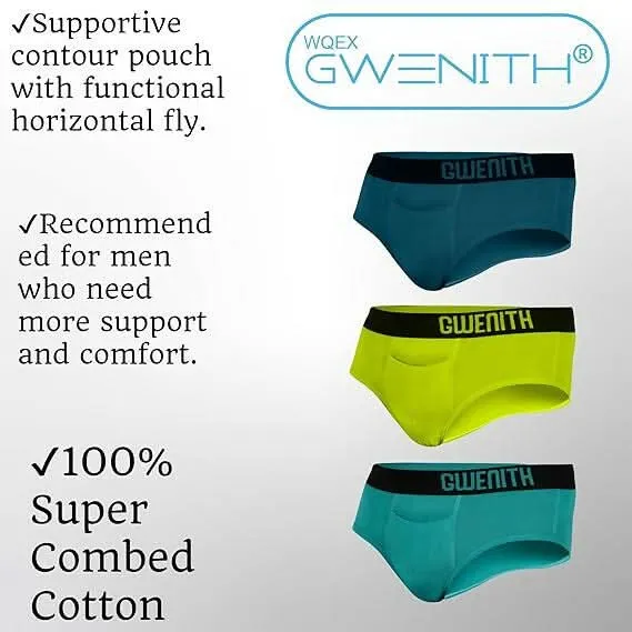Gwenith Premium Men's Briefs with Supportive Contour Pouch & Functional Fly, Super Combed Cotton Comfort ( Lime Punch, Large )