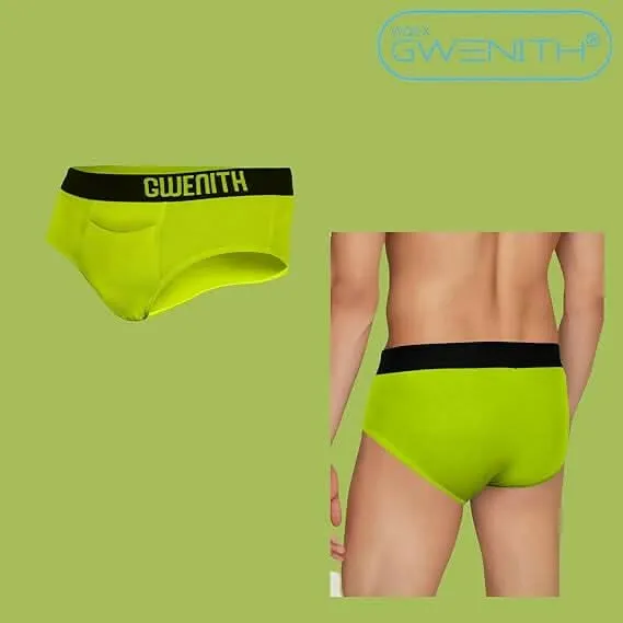 Gwenith Premium Men's Briefs with Supportive Contour Pouch & Functional Fly, Super Combed Cotton Comfort ( Lime Punch, Large )