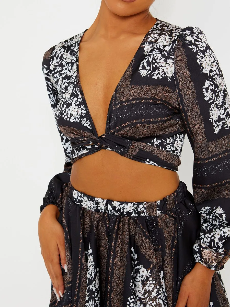 Helen Floral Print Satin Crop Top & Skirt Co-ord In Black