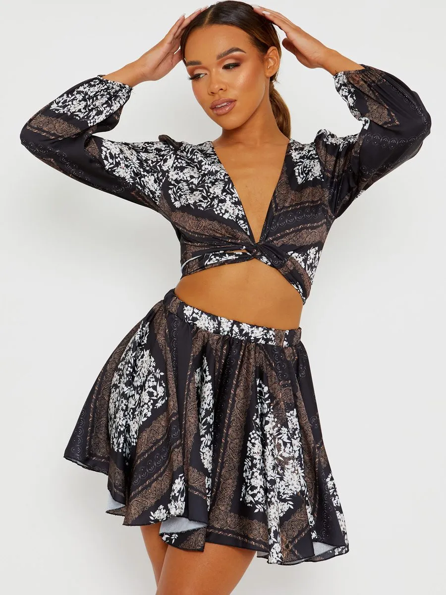 Helen Floral Print Satin Crop Top & Skirt Co-ord In Black