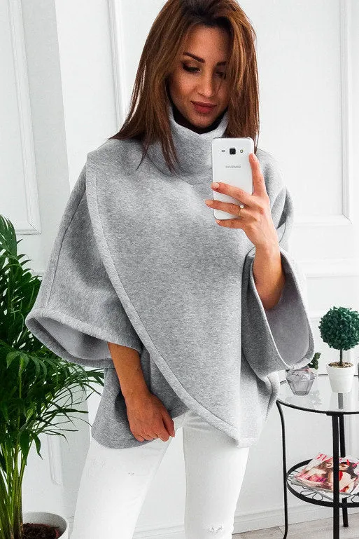 High Neck Turtleneck 3/4 Trumpet Sleeves Wrapped Pullover Sweater