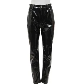 High Waist Straight Leg Pants Black Vinyl  Trousers