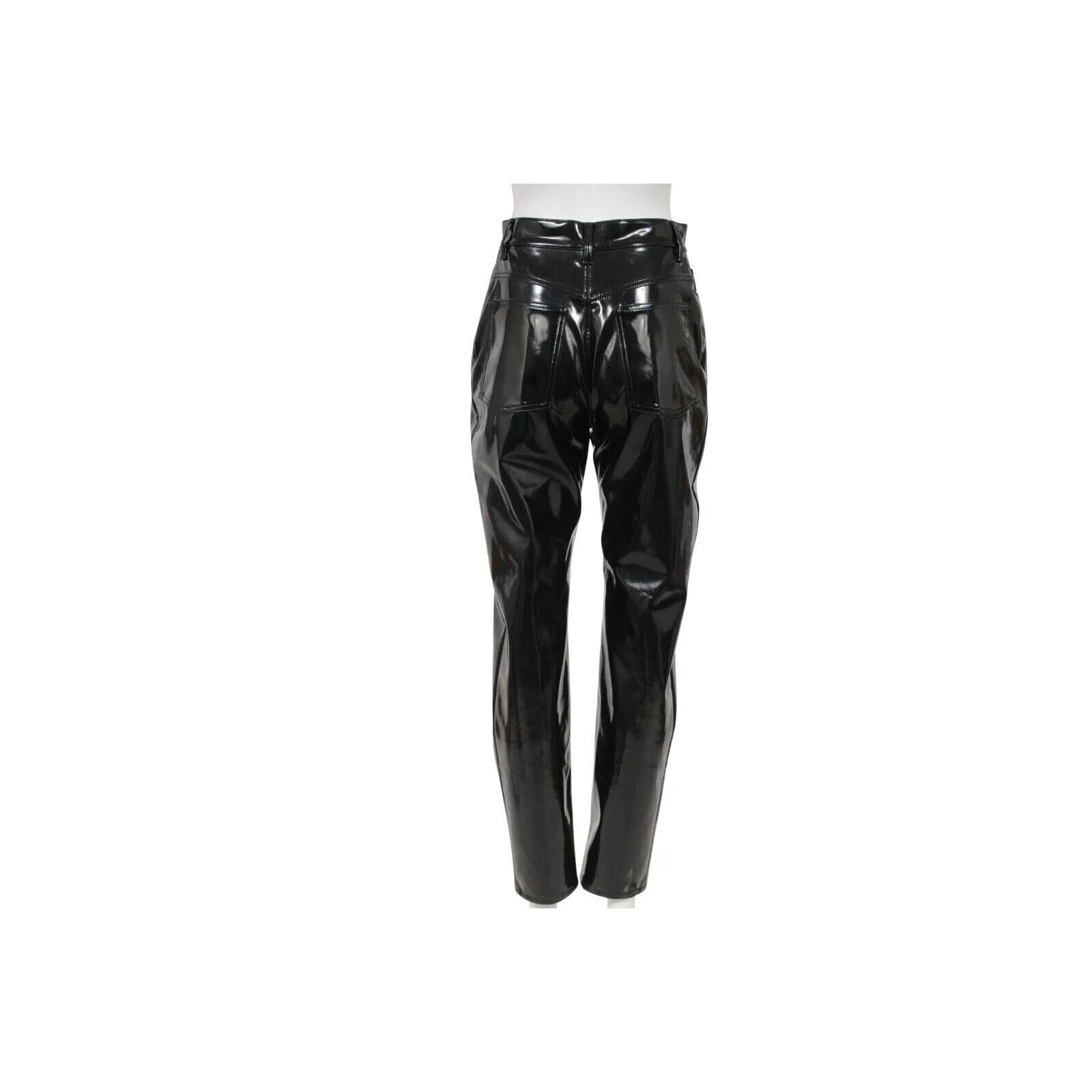 High Waist Straight Leg Pants Black Vinyl  Trousers