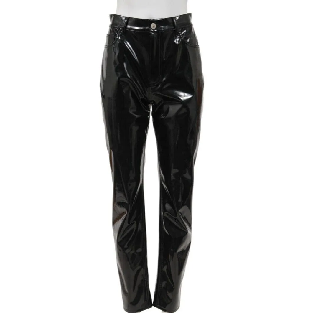 High Waist Straight Leg Pants Black Vinyl  Trousers