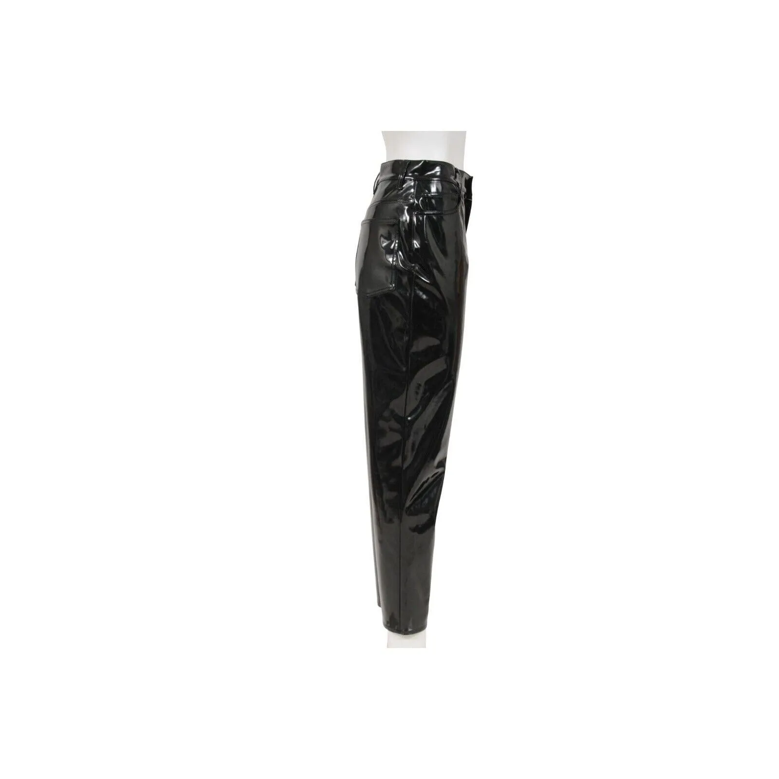 High Waist Straight Leg Pants Black Vinyl  Trousers