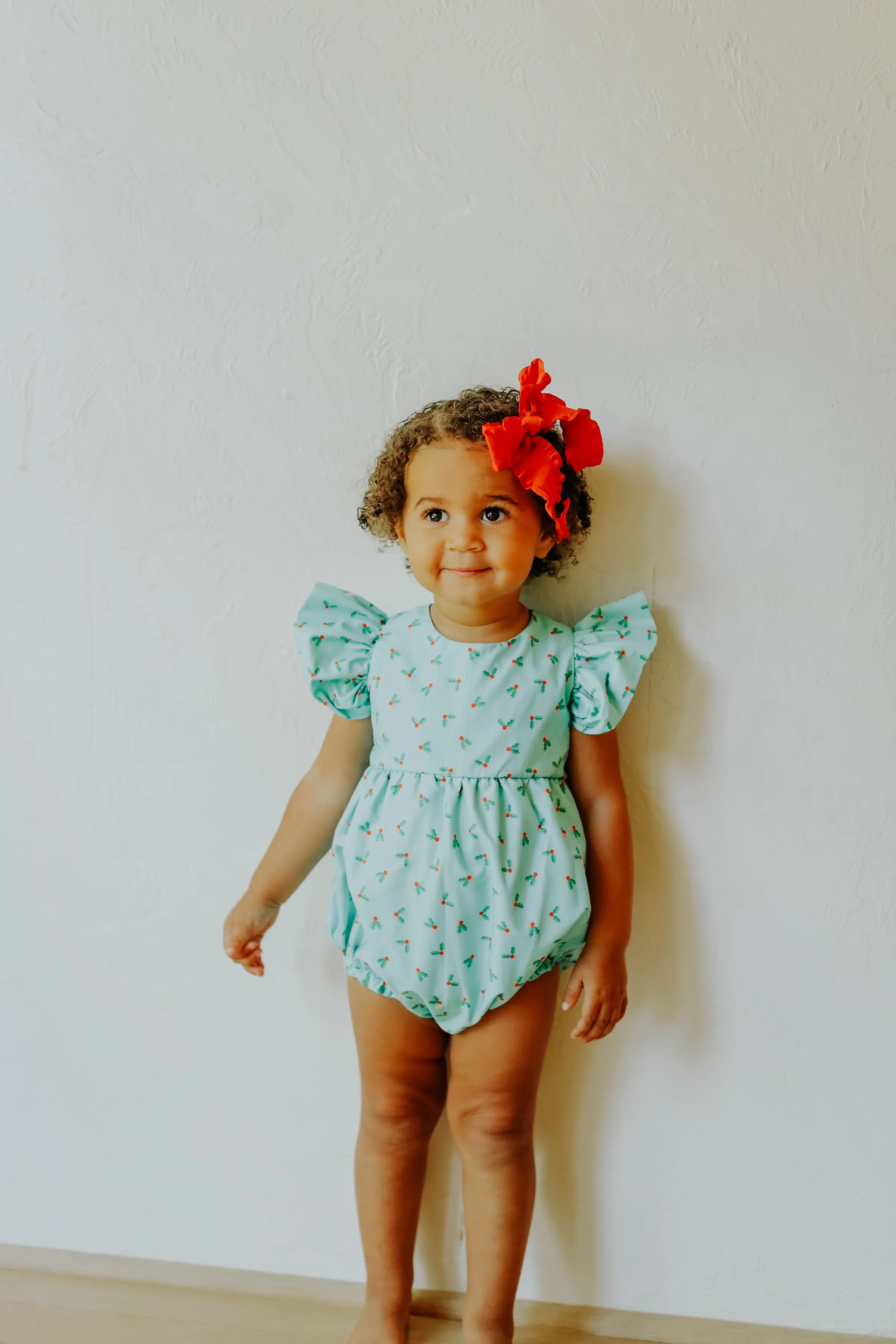 Infant Girl's Turquoise Blue Holly Print Christmas Bubble Romper